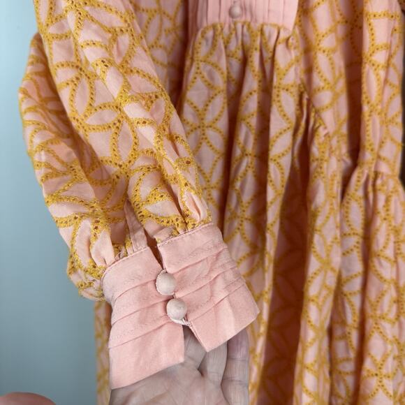 Roii Eyelet Mini Dress Medium Pink Orange Balloon Sleeve Retro Boho Eclectic Art - Picture 7 of 13